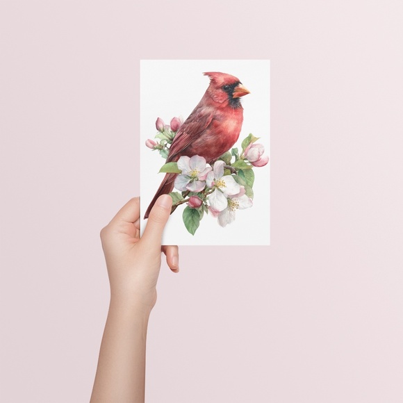 Watercolor Red Cardinal Bird with Flowers Wall Art Print Unframed - Picture 5 of 6